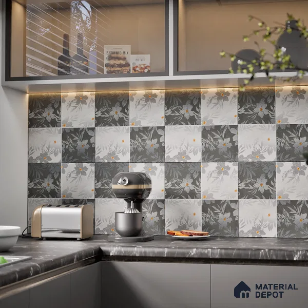 Floral Wall Tile TL 07250 B Plana 8009 GLM (Silver) 1 ft x 1 ft Ceramic Matte Finish - 9 mm  | 2 mm Spacer is Mandatory | Please Expect a Slight Variation of Pattern (Sample)